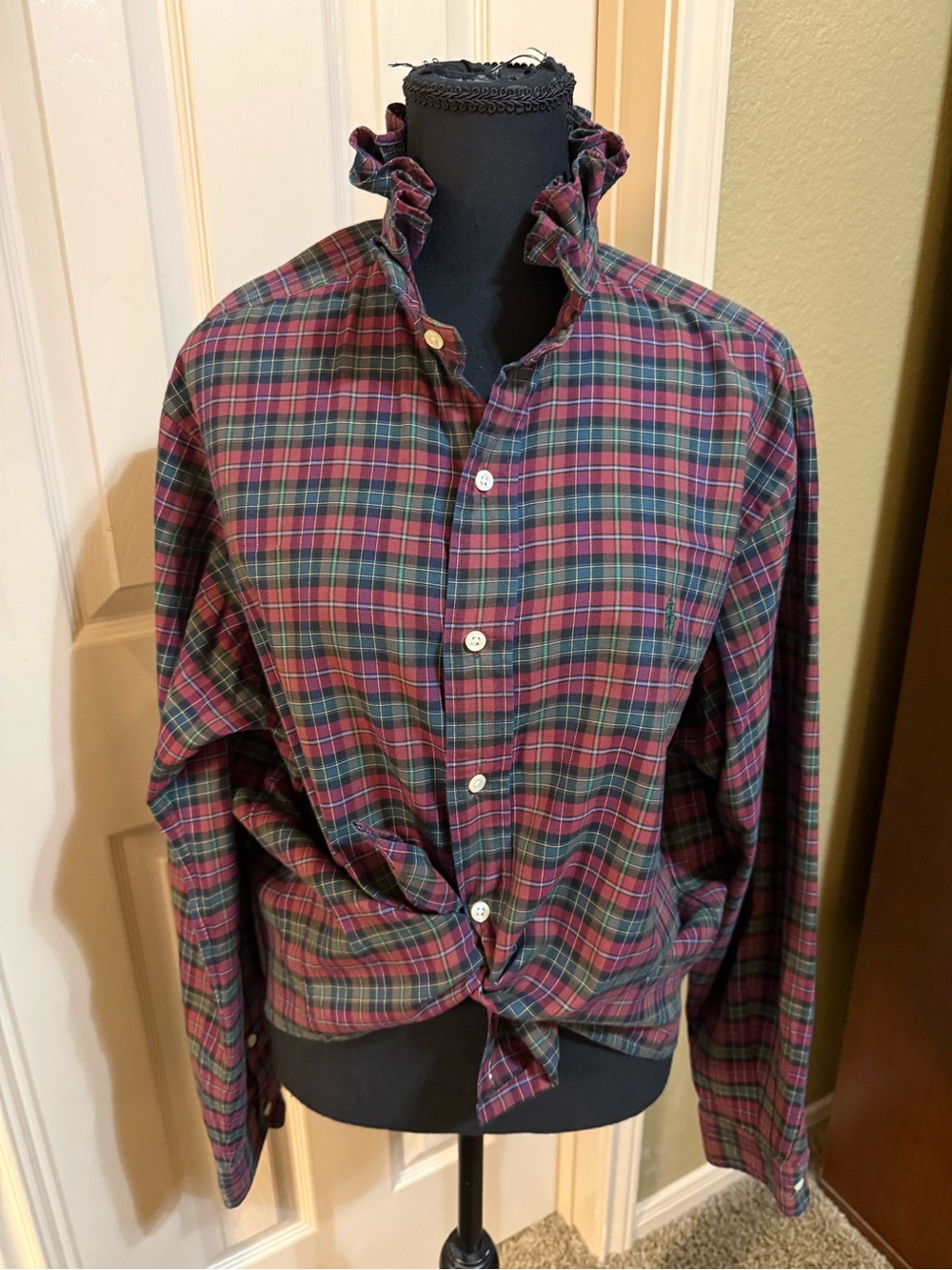 Ralph Lauren Red and Green Plaid Ruffled Collar Button-Down Shirt